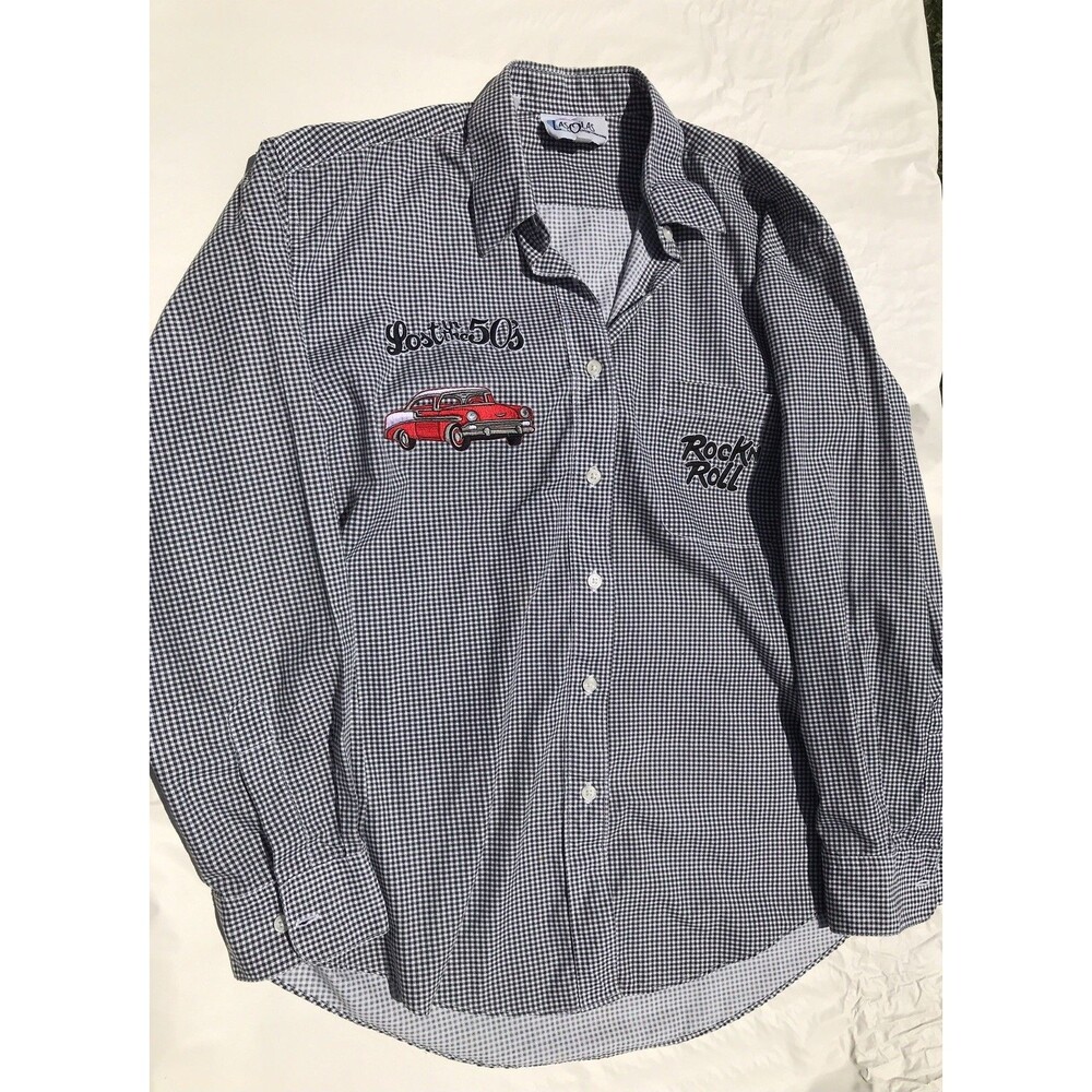 Las Olas Black Check Rock n' Roll Embroidered Pink Cadillac Shirt M Oversized